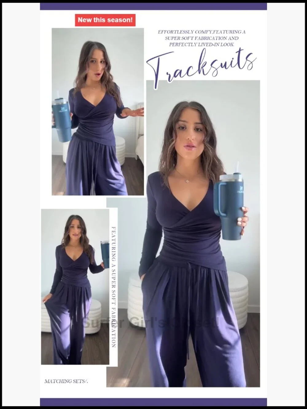 Women's 2 Piece Lounge Sets Fall Outfits V Neck Shirt Wide Leg Pants Matching